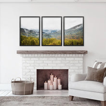 Load image into Gallery viewer, Modern Forest Wall Art Set of 3. Foggy Mountains, Green Forest. Black Frames
