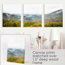 Load image into Gallery viewer, Modern Forest Wall Art Set of 3. Foggy Mountains, Green Forest. Wrapped Canvas
