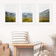 Load image into Gallery viewer, Modern Forest Wall Art Set of 3. Foggy Mountains, Green Forest. White Frames with Mat
