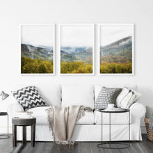 Load image into Gallery viewer, Modern Forest Wall Art Set of 3. Foggy Mountains, Green Forest. White Frames

