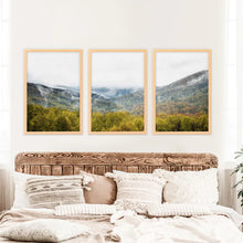 Load image into Gallery viewer, Modern Forest Wall Art Set of 3. Foggy Mountains, Green Forest. Wood Frames
