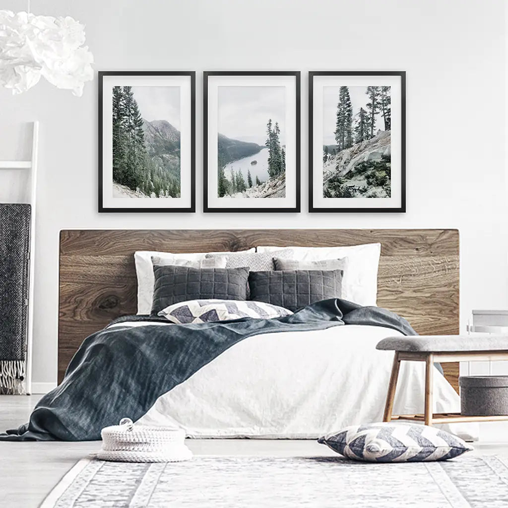Lake Tahoe, Sierra Nevada. 3 Piece Wall Art. Black Frames with Mat