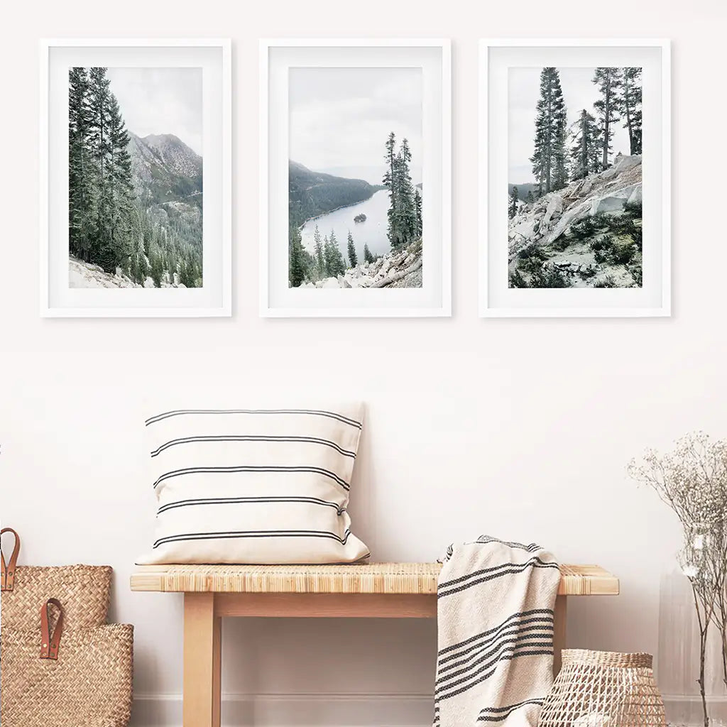 Lake Tahoe, Sierra Nevada. 3 Piece Wall Art. White Frames with Mat
