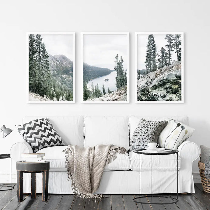 Lake Tahoe, Sierra Nevada. 3 Piece Wall Art. White Frames