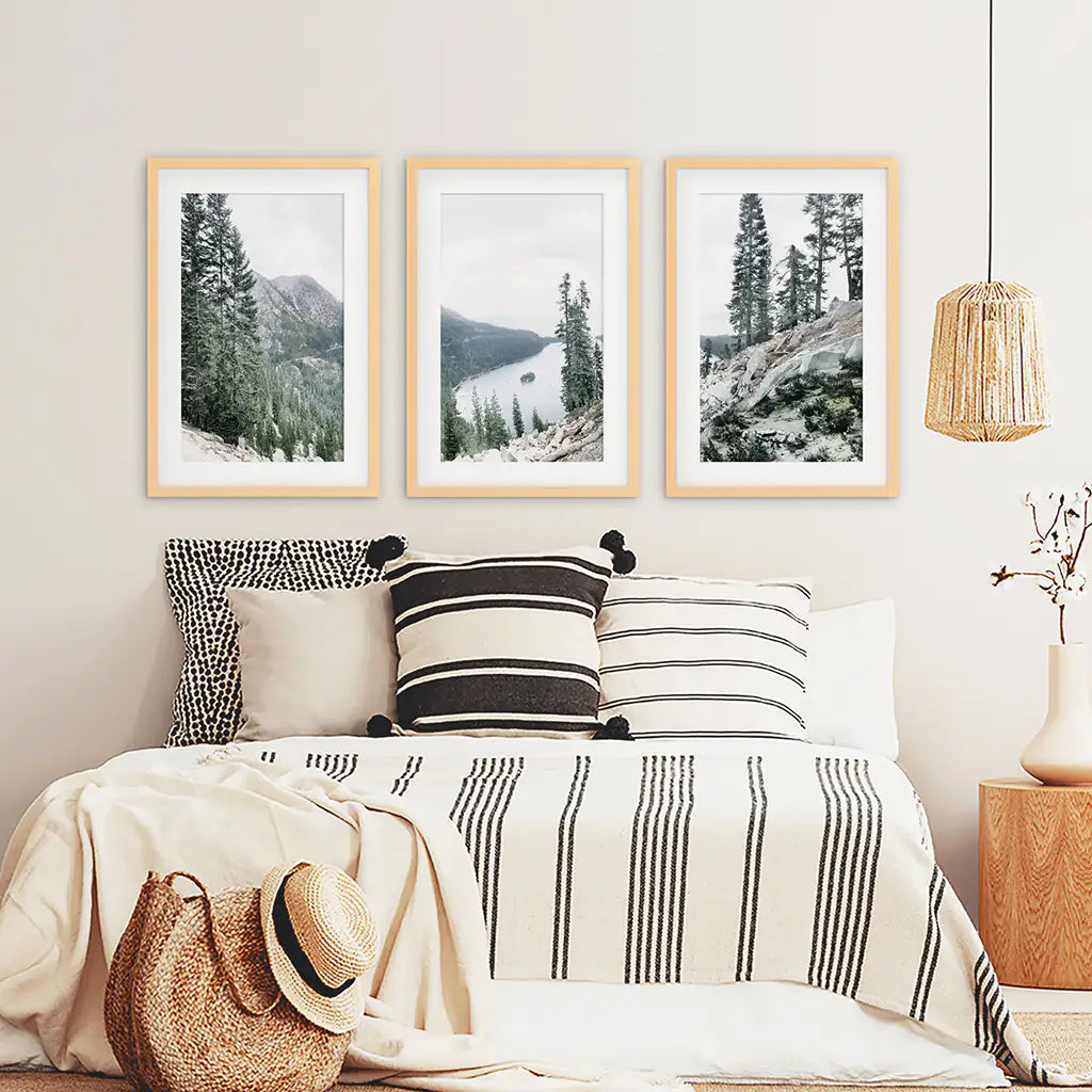 Lake Tahoe, Sierra Nevada. 3 Piece Wall Art. Wood Frames with Mat