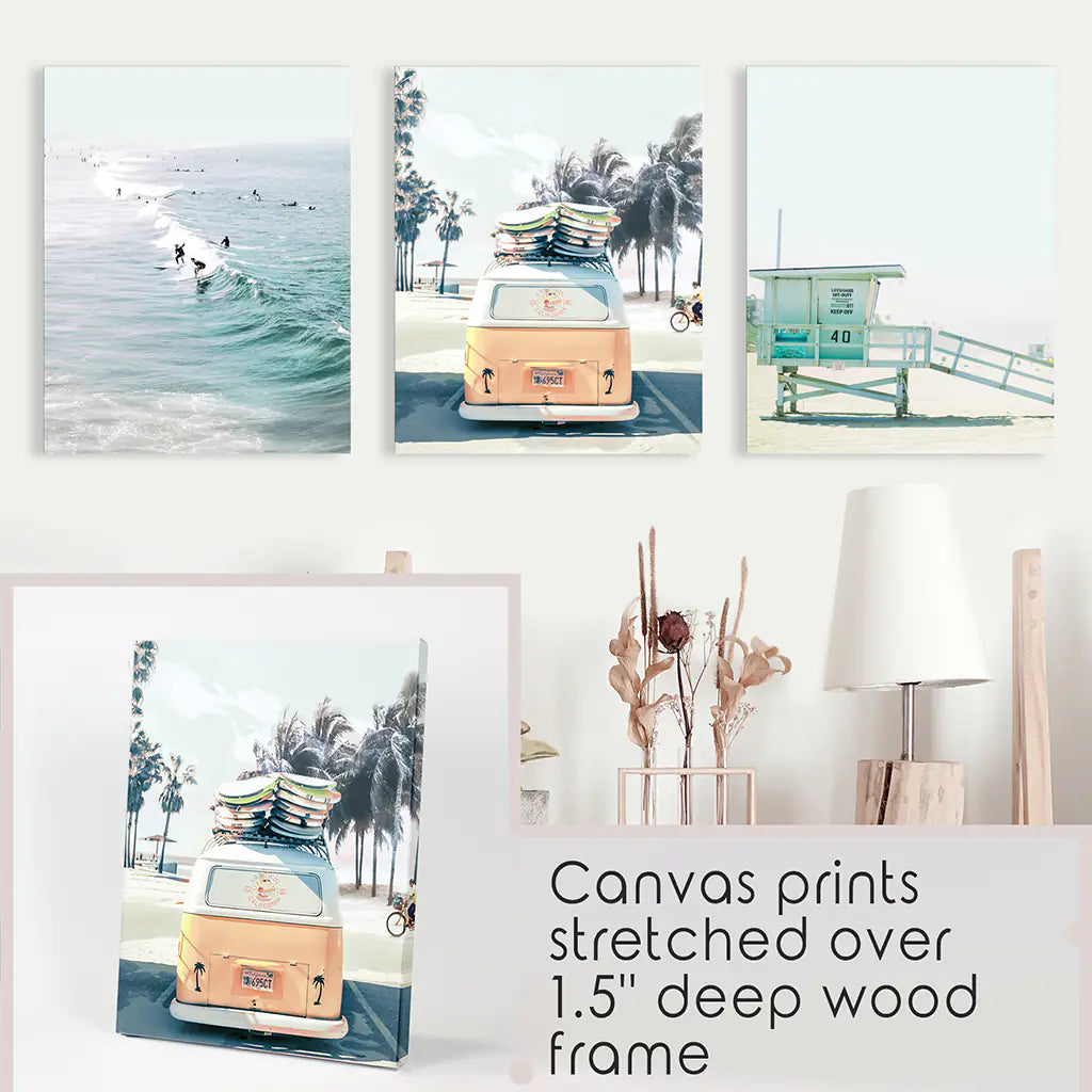 Surfers on the Waves, Yellow Van, Lifeguard- Stretched Canvas