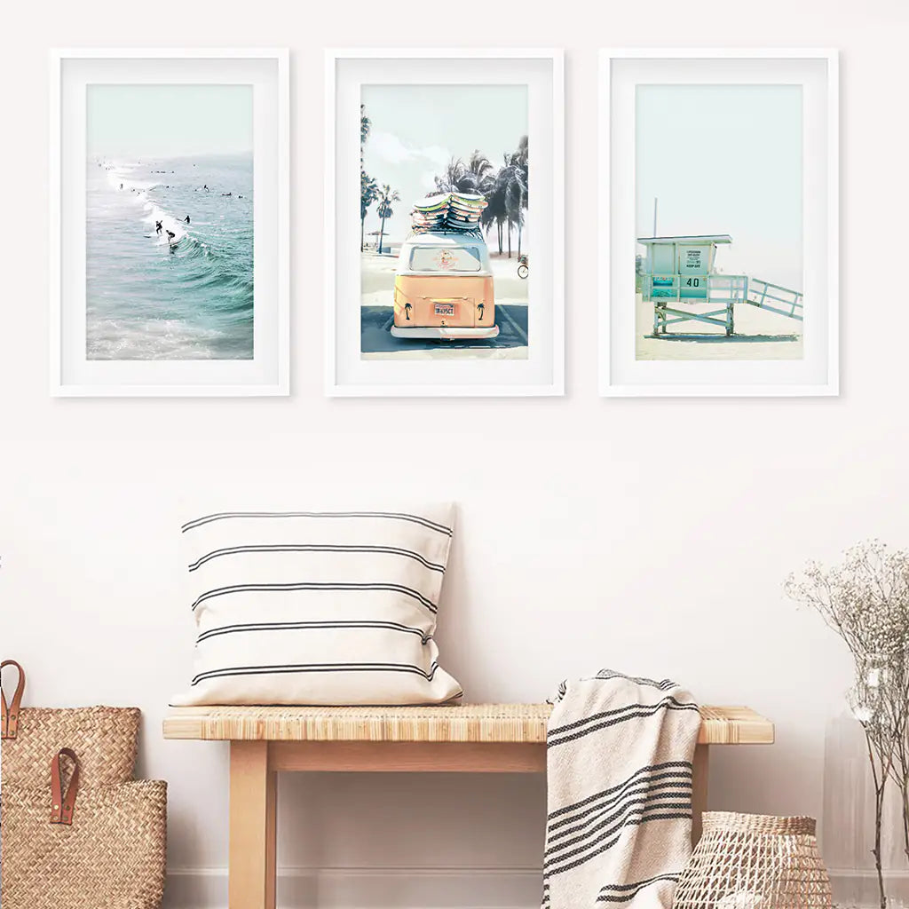 Surfers on the Waves, Yellow Van, Lifeguard- White Frames with Mat