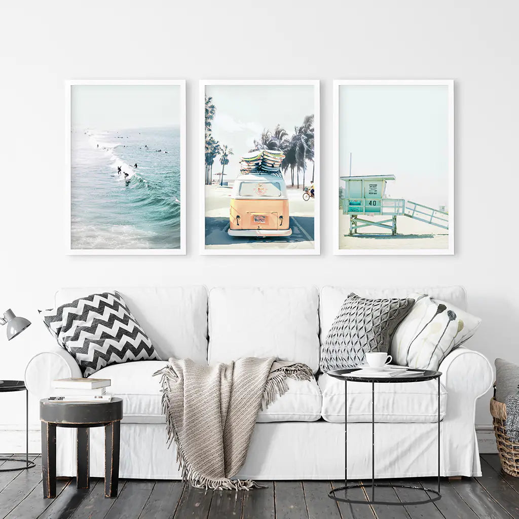 Surfers on the Waves, Yellow Van, Lifeguard - White Frames