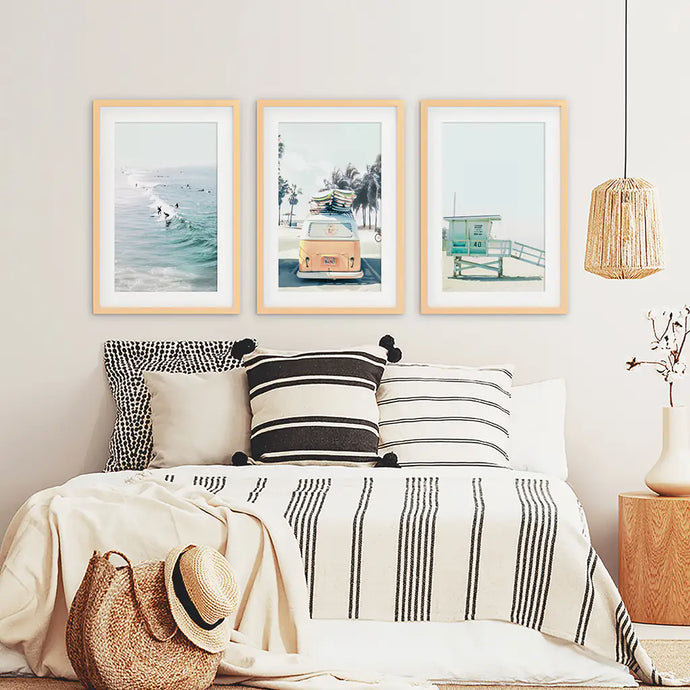 Surfers on the Waves, Yellow Van, Lifeguard - Wood Frames with Mat