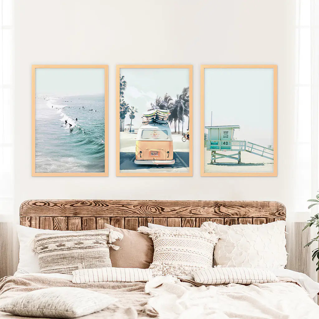 Surfers on the Waves, Yellow Van, Lifeguard- Wood Frames