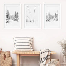 Load image into Gallery viewer, Winter Black White Wall Art Set. Ski Lift, Snowy Forest. White Frames with Mat
