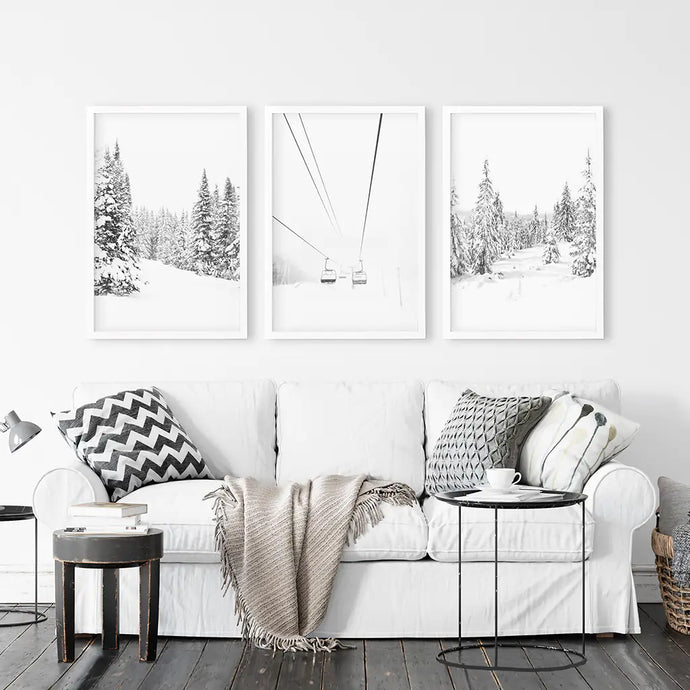 Winter Black White Wall Art Set. Ski Lift, Snowy Forest. White Frames