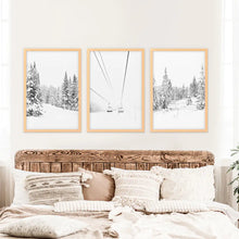 Load image into Gallery viewer, Winter Black White Wall Art Set. Ski Lift, Snowy Forest. Wood Frames

