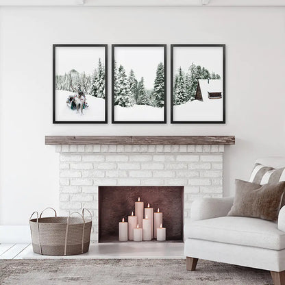 Winter Nature Triptych Set. Reindeer, Log Cabin. Black Frames