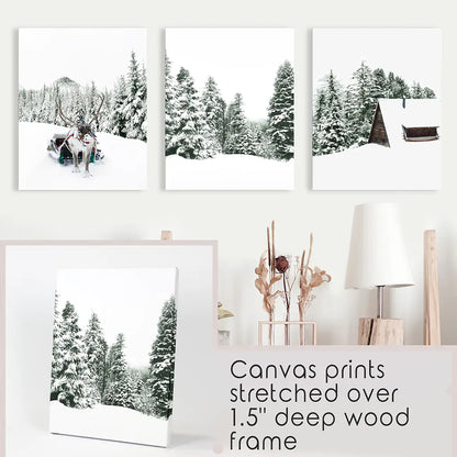 Winter Nature Triptych Set. Reindeer, Log Cabin. Canvas Prints