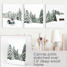 Load image into Gallery viewer, Winter Nature Triptych Set. Reindeer, Log Cabin. Canvas Prints
