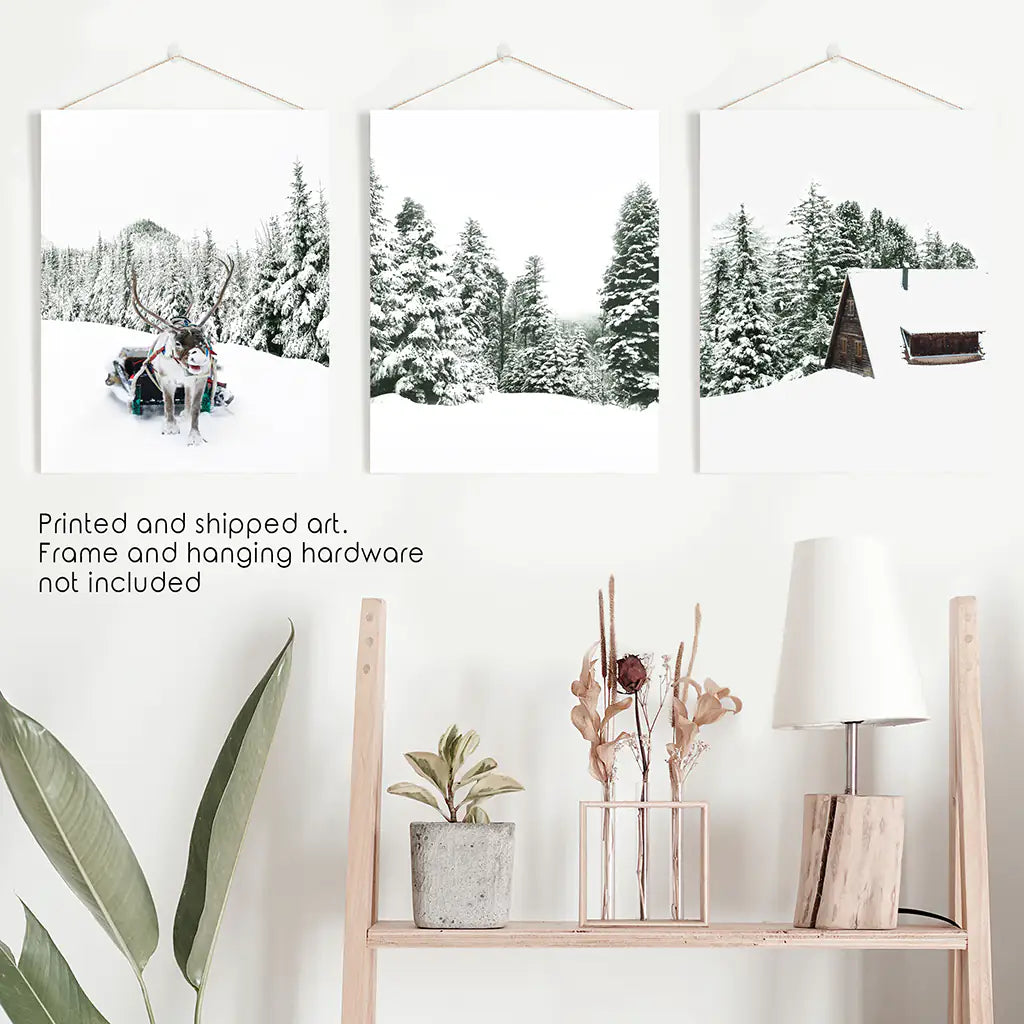Winter Nature Triptych Set. Reindeer, Log Cabin. Unframed Prints
