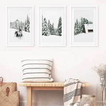 Load image into Gallery viewer, Winter Nature Triptych Set. Reindeer, Log Cabin. White Frames with Mat
