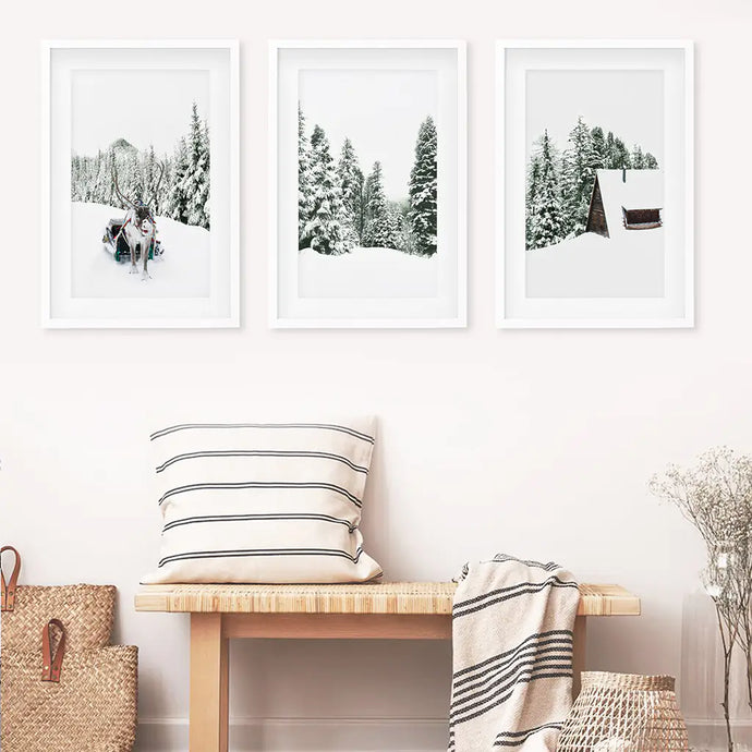 Winter Nature Triptych Set. Reindeer, Log Cabin. White Frames with Mat