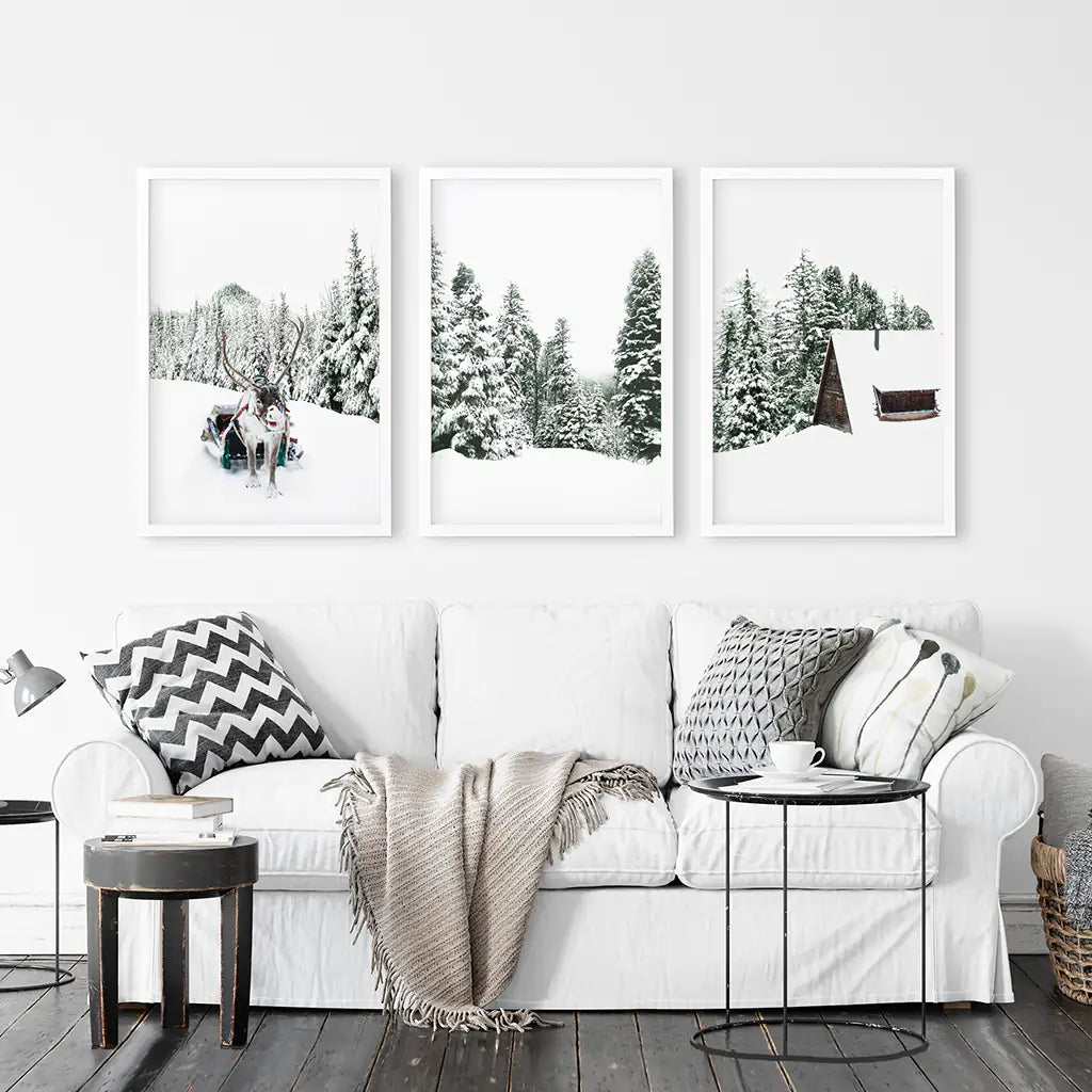 Winter Nature Triptych Set. Reindeer, Log Cabin. White Frames