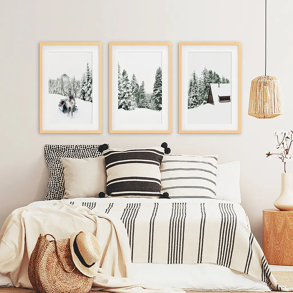 Winter Nature Triptych Set. Reindeer, Log Cabin. Wood Frames with Mat