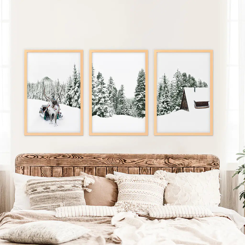 Winter Nature Triptych Set. Reindeer, Log Cabin. Wood Frames