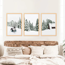 Load image into Gallery viewer, Winter Nature Triptych Set. Reindeer, Log Cabin. Wood Frames
