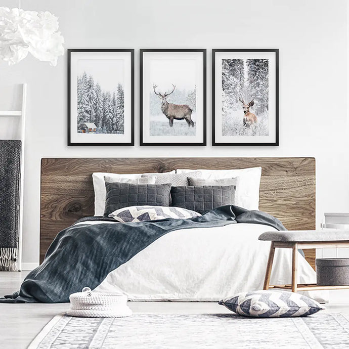 Winter Animal Wall Decor Set of 3. Snowy Forest, Deer. Black Frames with Mat
