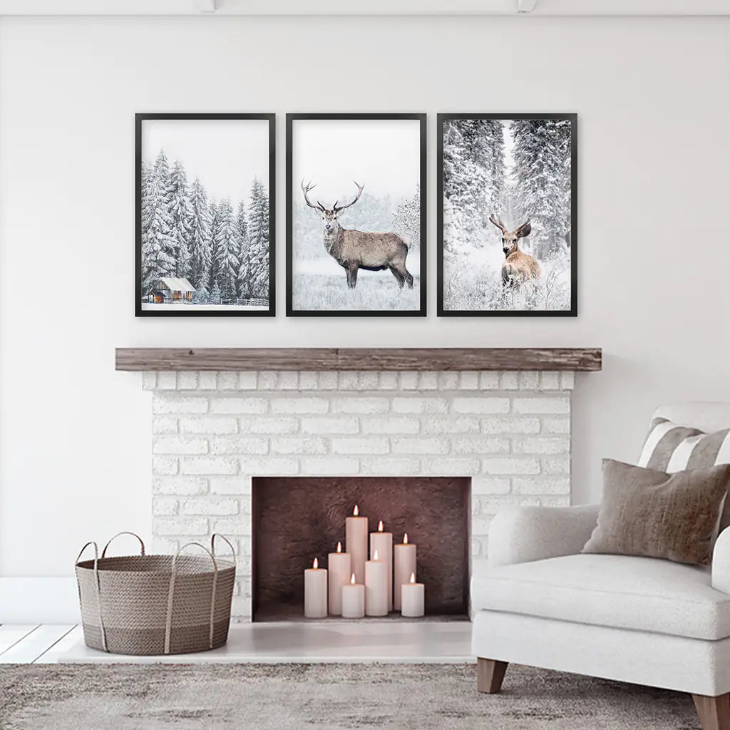 Winter Animal Wall Decor Set of 3. Snowy Forest, Deer. Black Frames