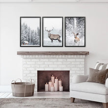 Load image into Gallery viewer, Winter Animal Wall Decor Set of 3. Snowy Forest, Deer. Black Frames
