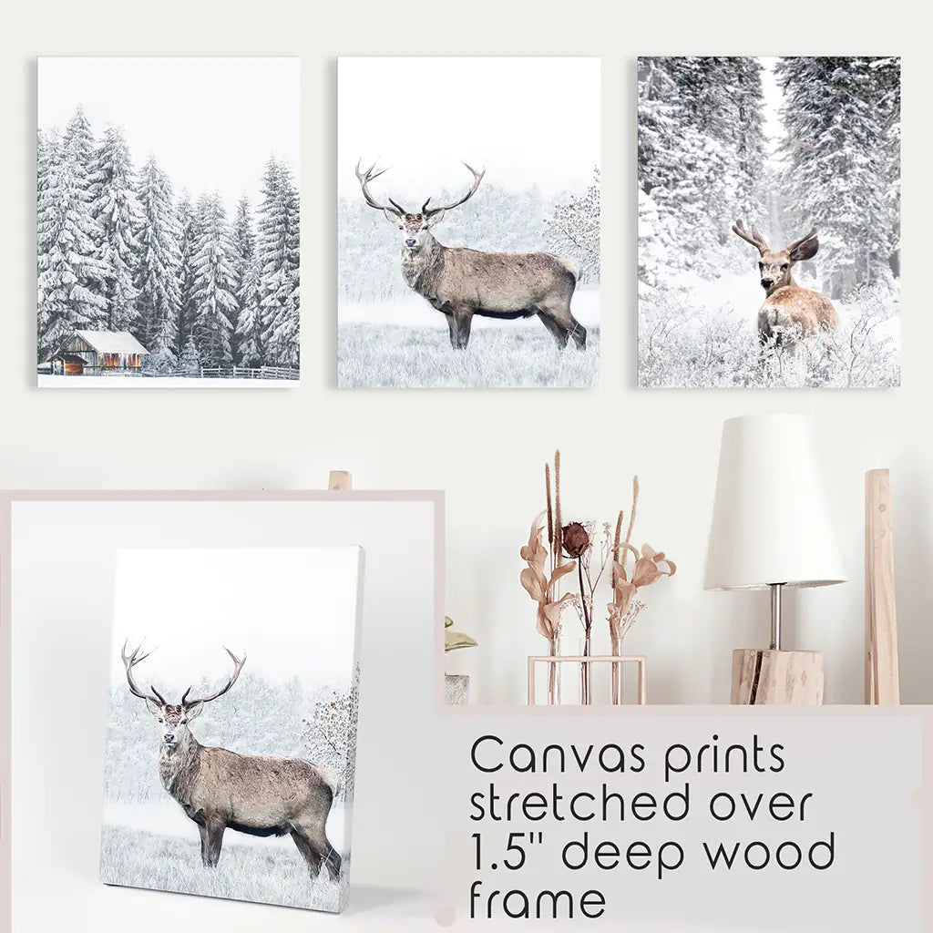 Winter Animal Wall Decor Set of 3. Snowy Forest, Deer. Canvas Prints