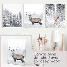Load image into Gallery viewer, Winter Animal Wall Decor Set of 3. Snowy Forest, Deer. Canvas Prints

