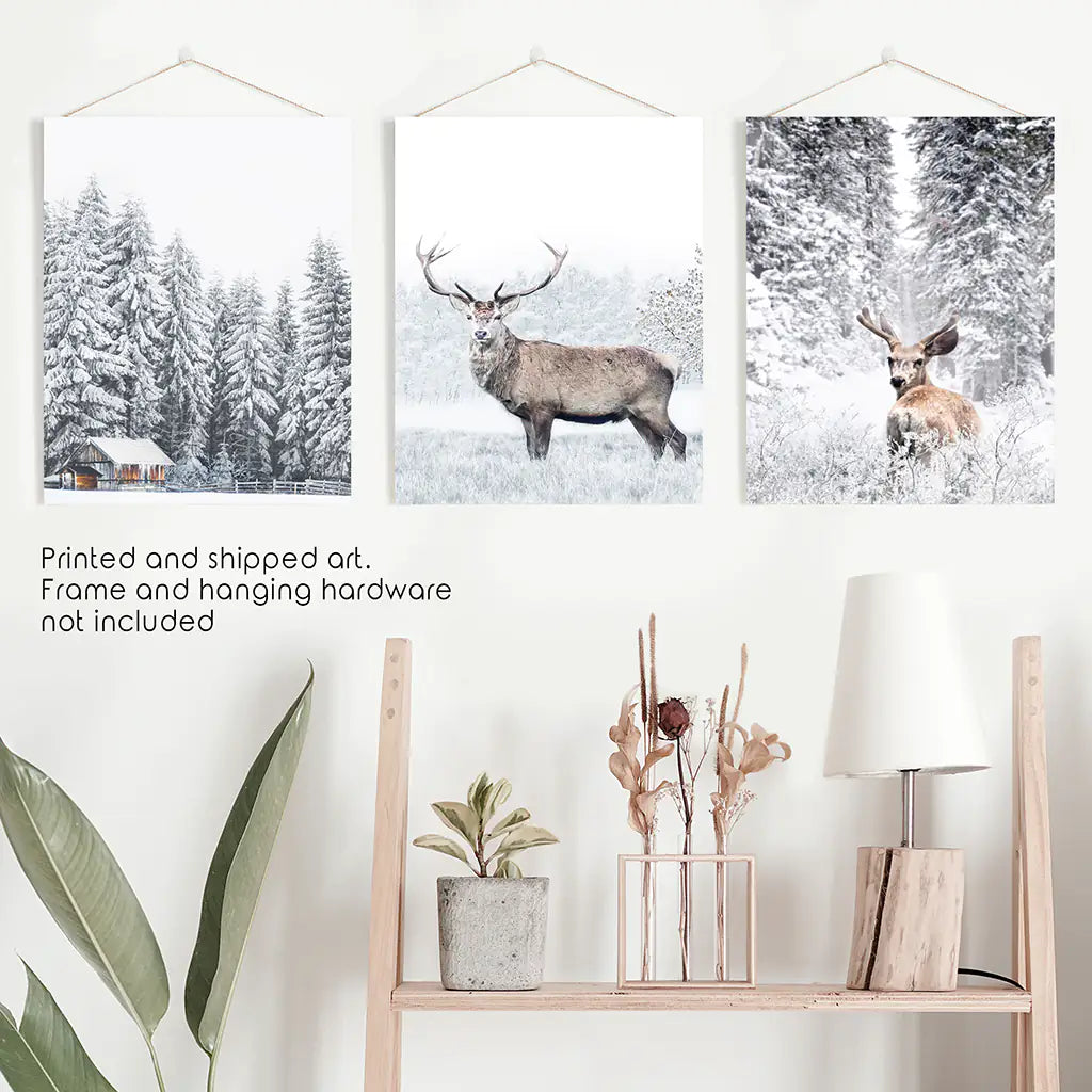 Winter Animal Wall Decor Set of 3. Snowy Forest, Deer. Unframed Prints