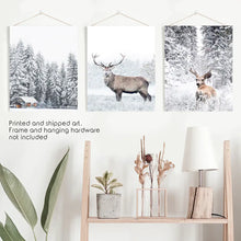 Load image into Gallery viewer, Winter Animal Wall Decor Set of 3. Snowy Forest, Deer. Unframed Prints

