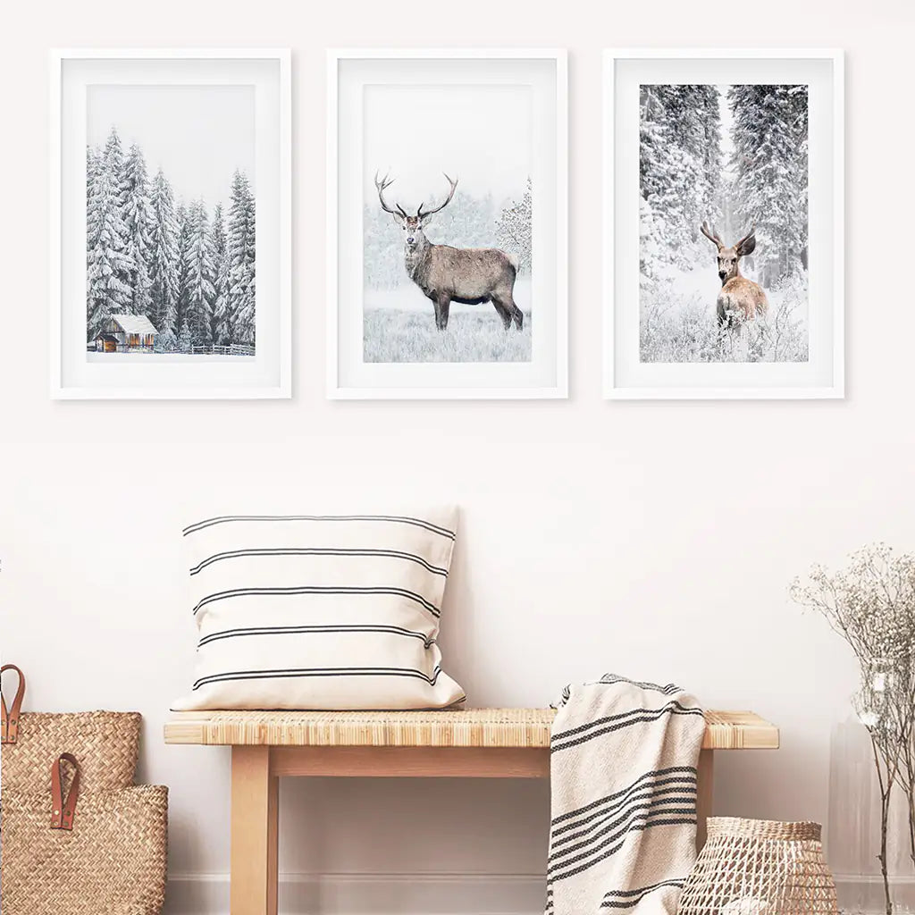 Winter Animal Wall Decor Set of 3. Snowy Forest, Deer. White Frames with Mat