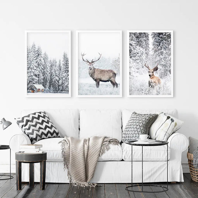 Winter Animal Wall Decor Set of 3. Snowy Forest, Deer. White Frames