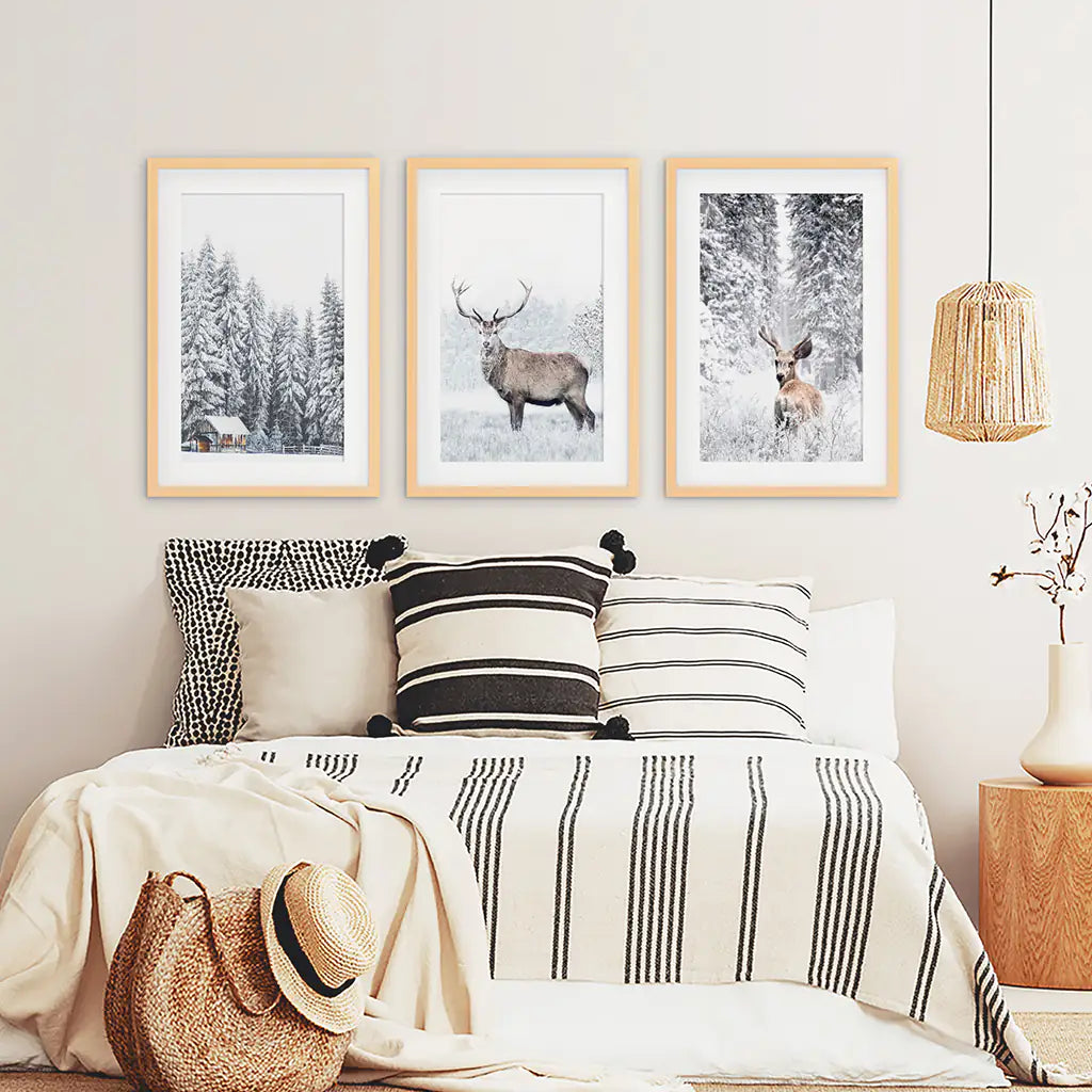 Winter Animal Wall Decor Set of 3. Snowy Forest, Deer. Wood Frames with Mat