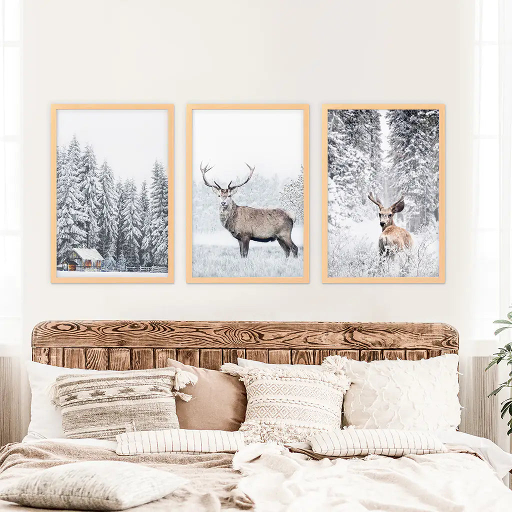 Winter Animal Wall Decor Set of 3. Snowy Forest, Deer. Wood Frames