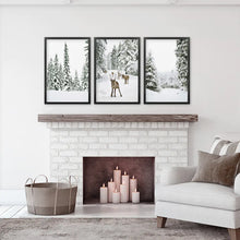 Load image into Gallery viewer, 3 Piece Winter Landscape Wall Art. Snowy Forest, Fawn. Black Frames
