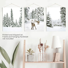Load image into Gallery viewer, 3 Piece Winter Landscape Wall Art. Snowy Forest, Fawn. Unframed Prints
