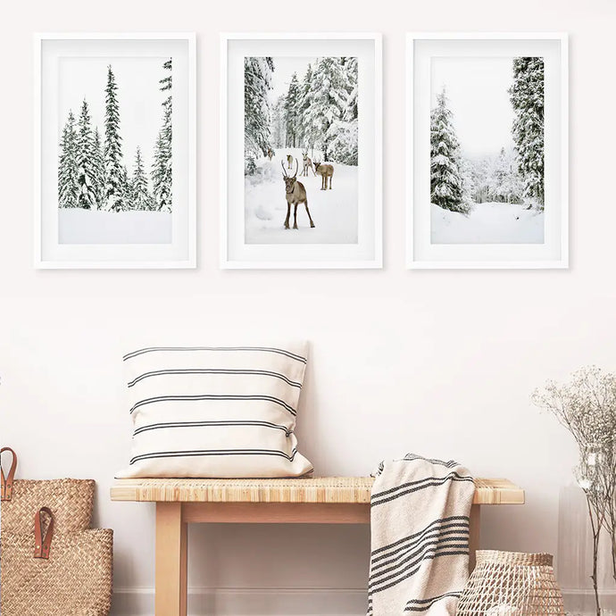 3 Piece Winter Landscape Wall Art. Snowy Forest, Fawn. White Frames with Mat