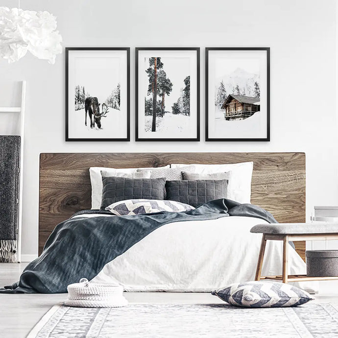 Nordic Winter 3 Piece Photo Set. Pine Forest, Moose, Log Cabin. Black Frames with Mat