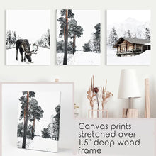 Load image into Gallery viewer, Nordic Winter 3 Piece Photo Set. Pine Forest, Moose, Log Cabin. Canvas Prints
