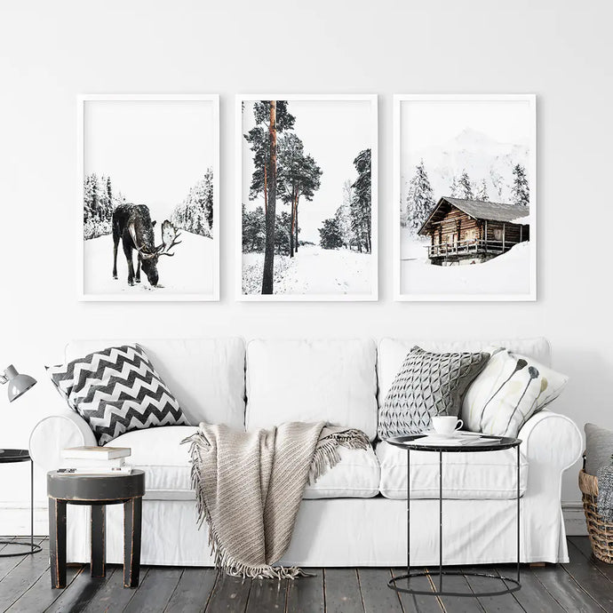 Nordic Winter 3 Piece Photo Set. Pine Forest, Moose, Log Cabin. White Frames