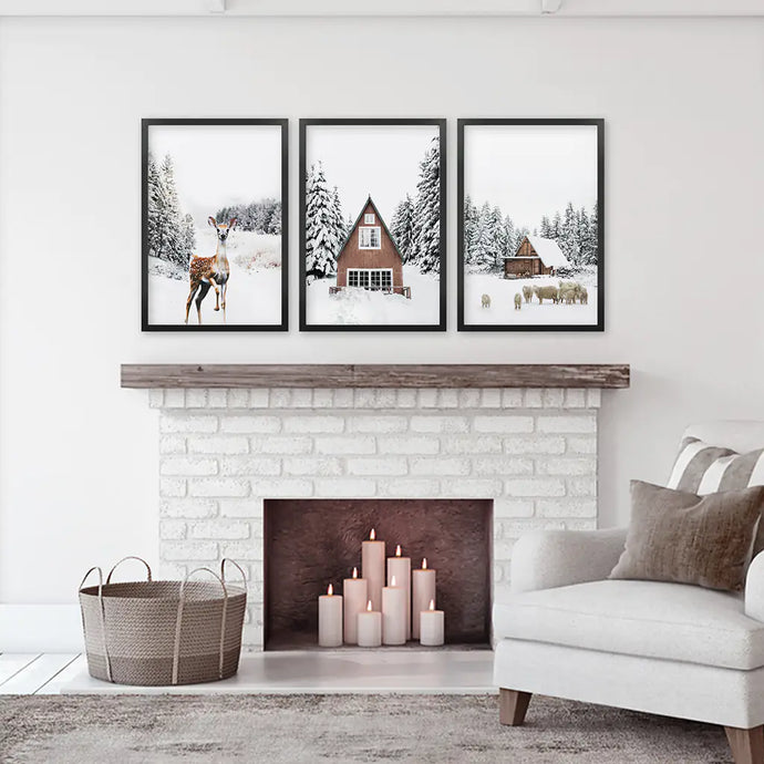 Winter Triptych Wall Art Set. Animals and Log Cabin. Black Frames