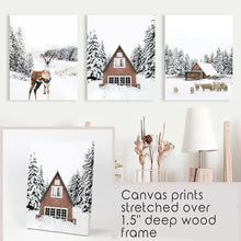 Load image into Gallery viewer, Winter Triptych Wall Art Set. Animals and Log Cabin. Canvas Prints
