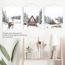 Load image into Gallery viewer, Winter Triptych Wall Art Set. Animals and Log Cabin. Unframed Prints
