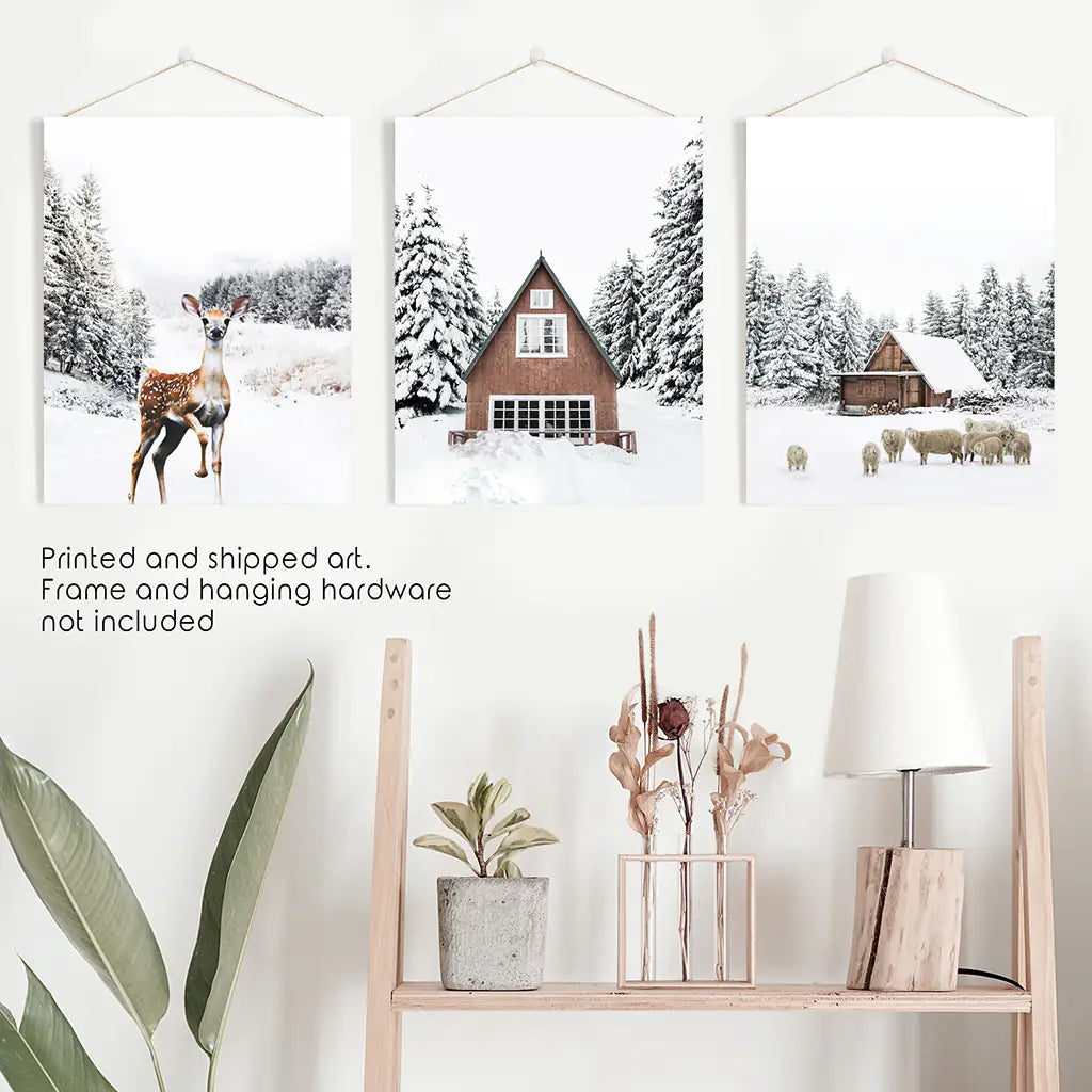 Winter Triptych Wall Art Set. Animals and Log Cabin. Unframed Prints