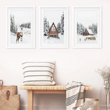 Load image into Gallery viewer, Winter Triptych Wall Art Set. Animals and Log Cabin. White Frames with Mat

