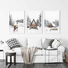 Load image into Gallery viewer, Winter Triptych Wall Art Set. Animals and Log Cabin. White Frames
